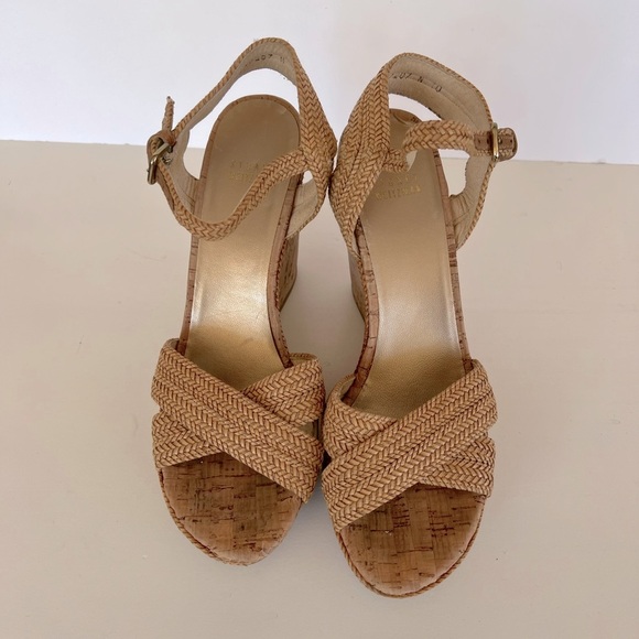 Stuart Weitzman Beige Raffia Cork Wedge Sandals, Size 10 - Picture 4 of 13